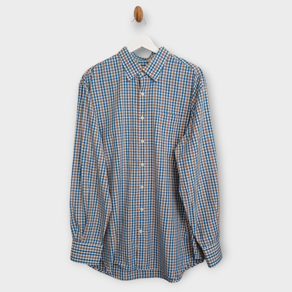 Peter Millar Shirt Men XL Blue Brown White Check Preppy Career Classic Button Up - Picture 1 of 9